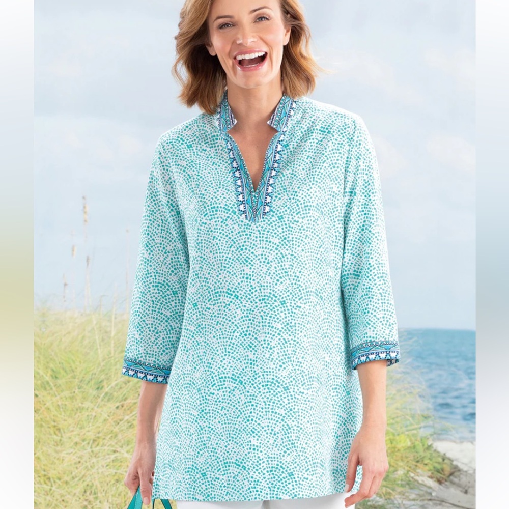 Foxcroft for Appleseed's Blouse 12P,‎ Wrinkle Free Coastal Tribal Tunic  Beach